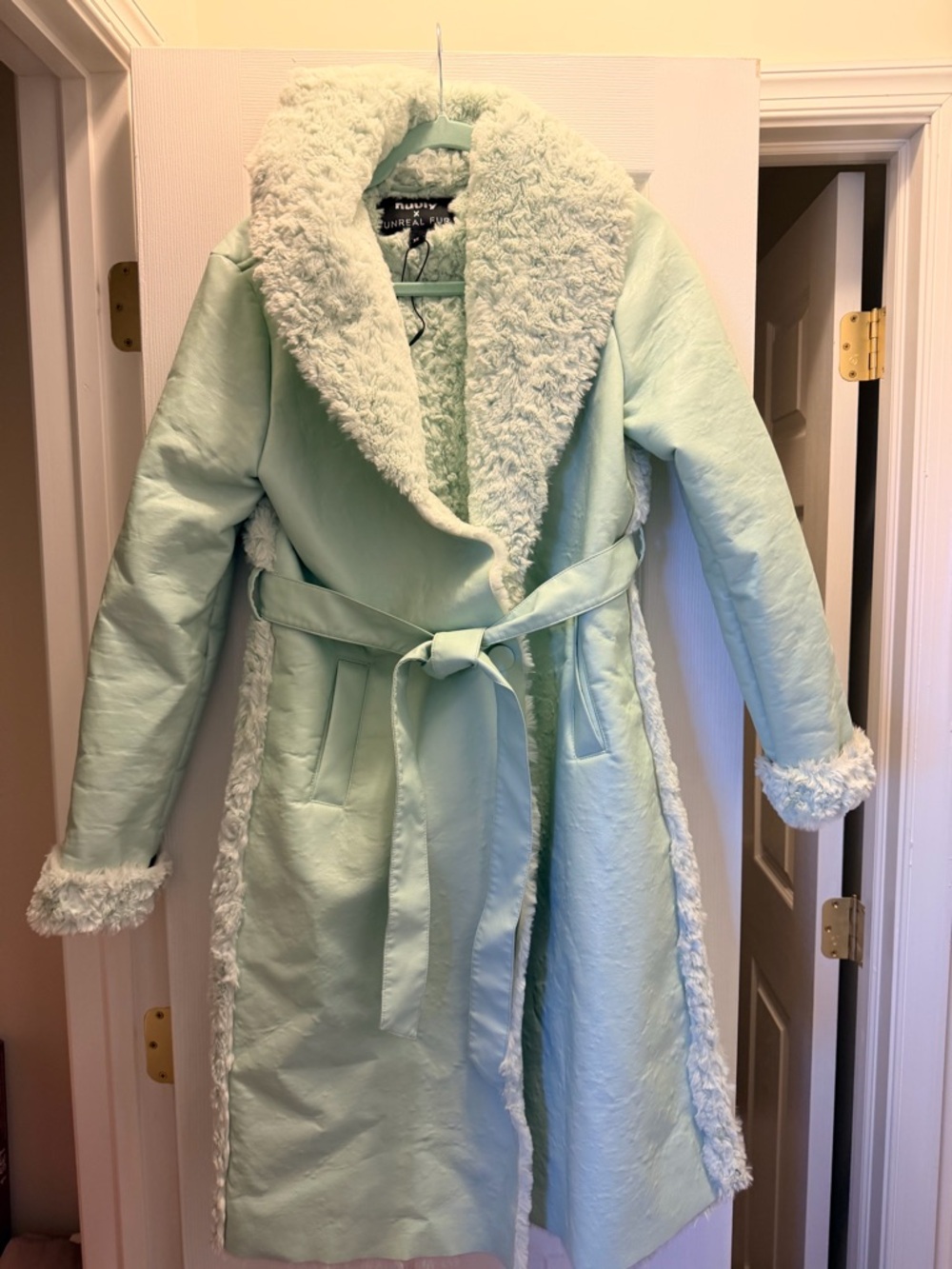 Nuuly Faux-Shearling Belted Coat in Mint Green - Plush Collar